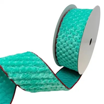 Aqua with Red Edge Sherpa Quarterfoil Pattern Ribbon 2.5" x 10yd | YT