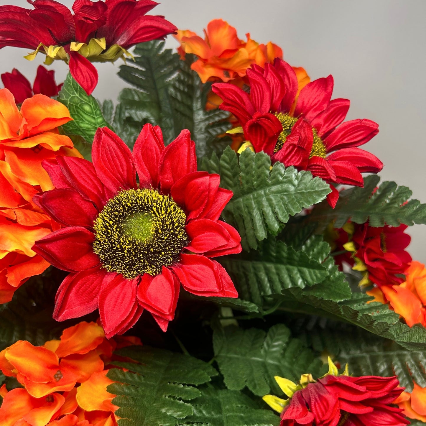 Fall Inspired Red Sunflower and Orange Hydrangea Vase Insert