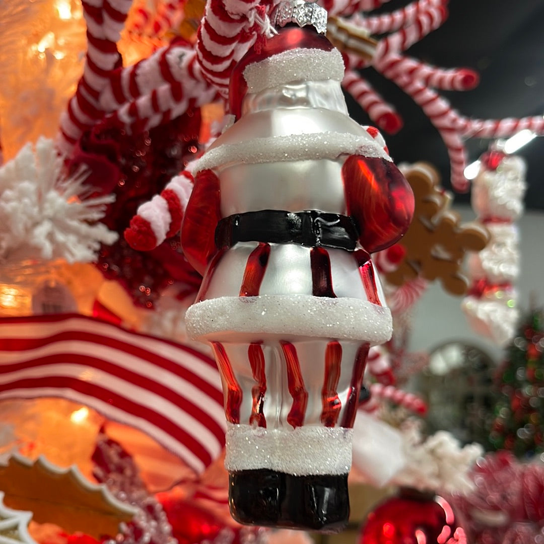 Strikingly Striped Peppermint Santa Glass Ornament 5.75” GS David