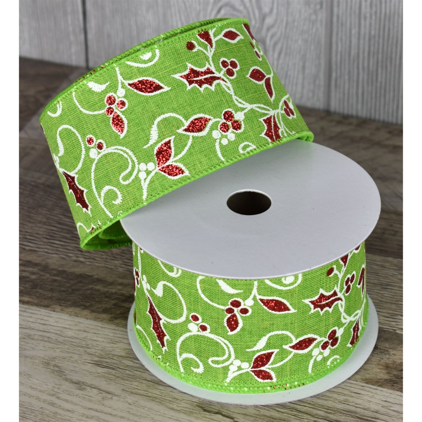 Lime with Red Glitter Holly Berry Pattern (2.5" x 10yd) YT