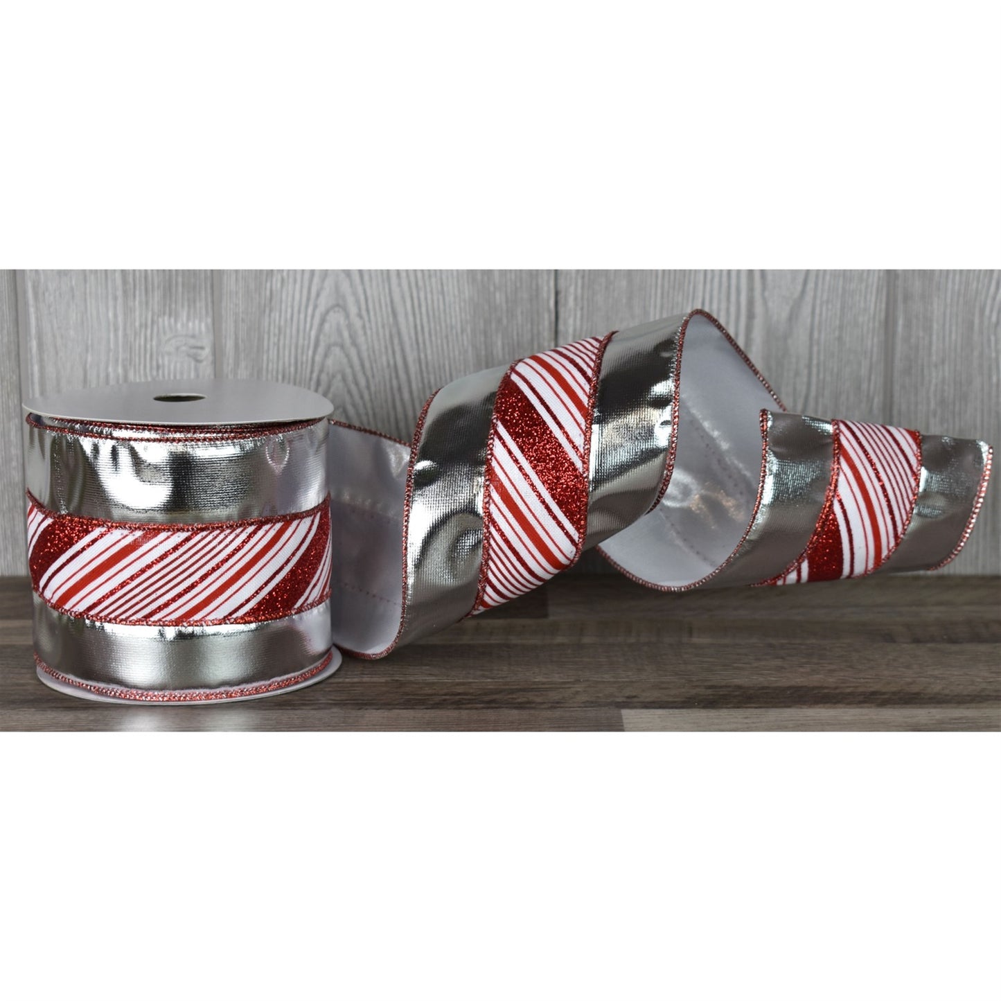 Silver Lame Centered with White & Red Glitter Candy Stripes Ribbon (4" x 10yd)