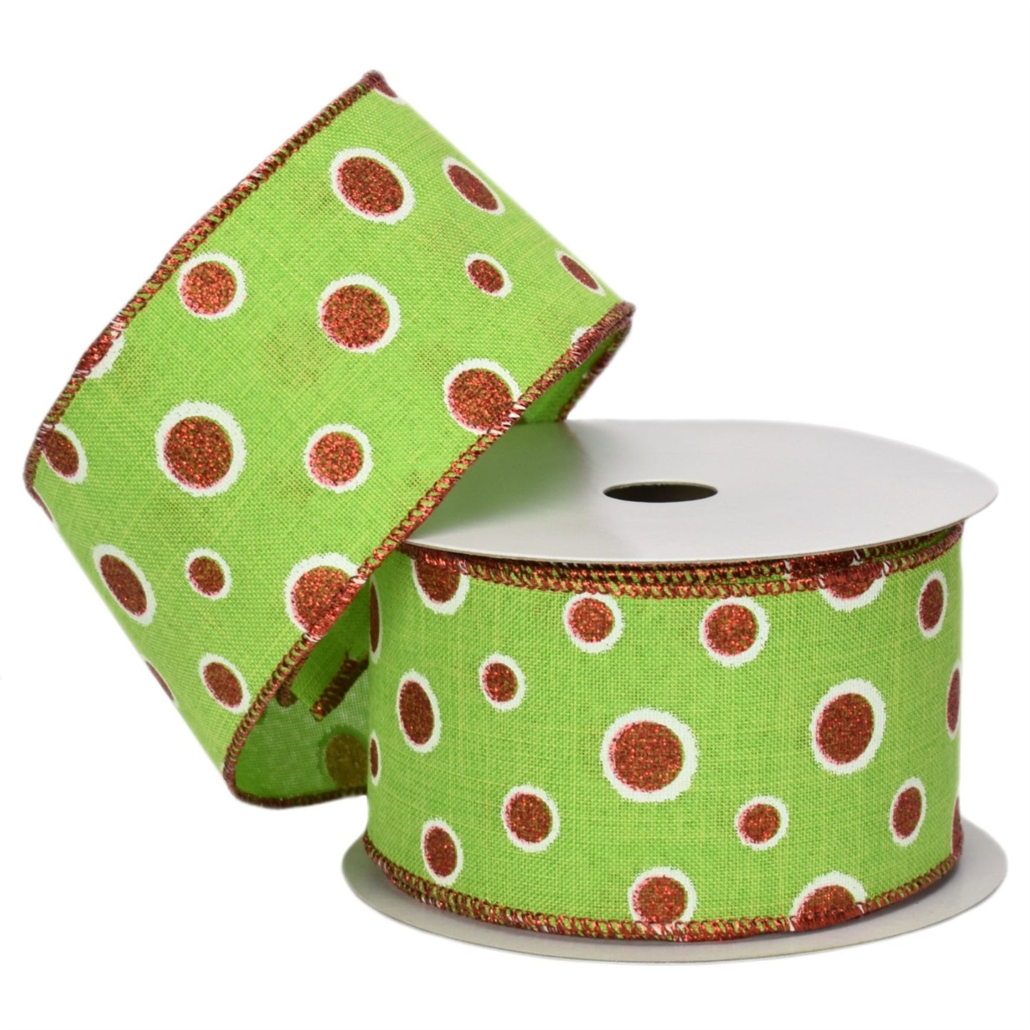 Lime w/White Outline Red Glitter Polka Dots and Red Edge 2.5" x 10yd | YT