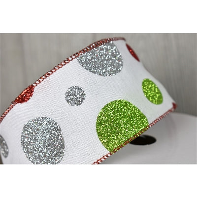 White w/Silver & Red & Green Glitter Polka Dots and Red Edge 2.5" x 10yd PTW | YT