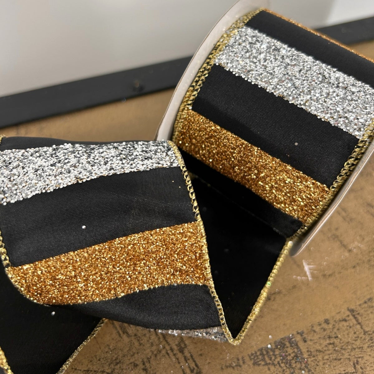 Large Glitter Striped Silver/Gold with Black backing Ribbon 2.5" x 10yd | YT