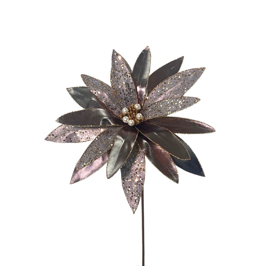 Merriment Metallic Pearl Center Poinsettia Spray 25" - Pewter | QG