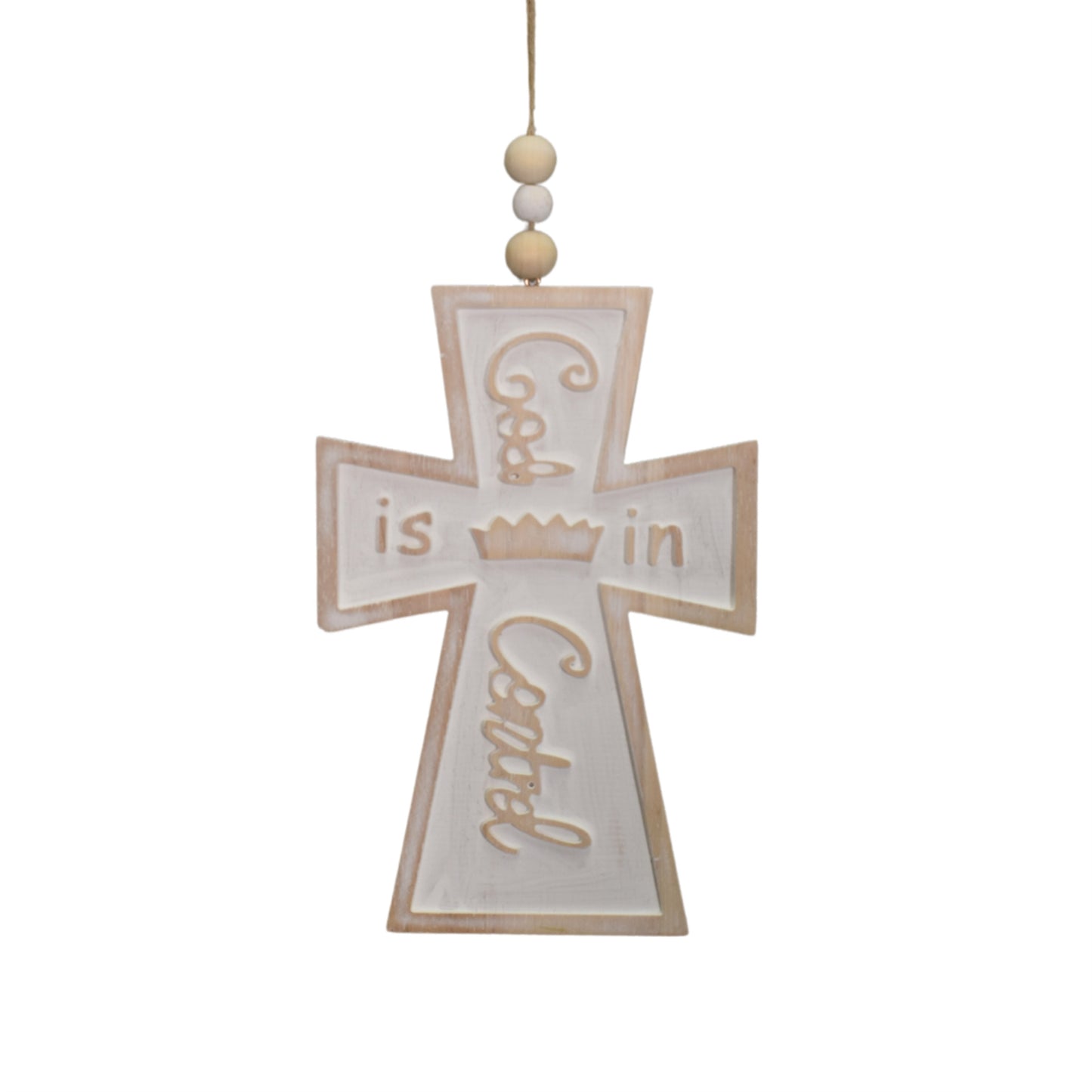 Wooden Whitewash "God is in Control" Cross Ornament 9.75" | TA