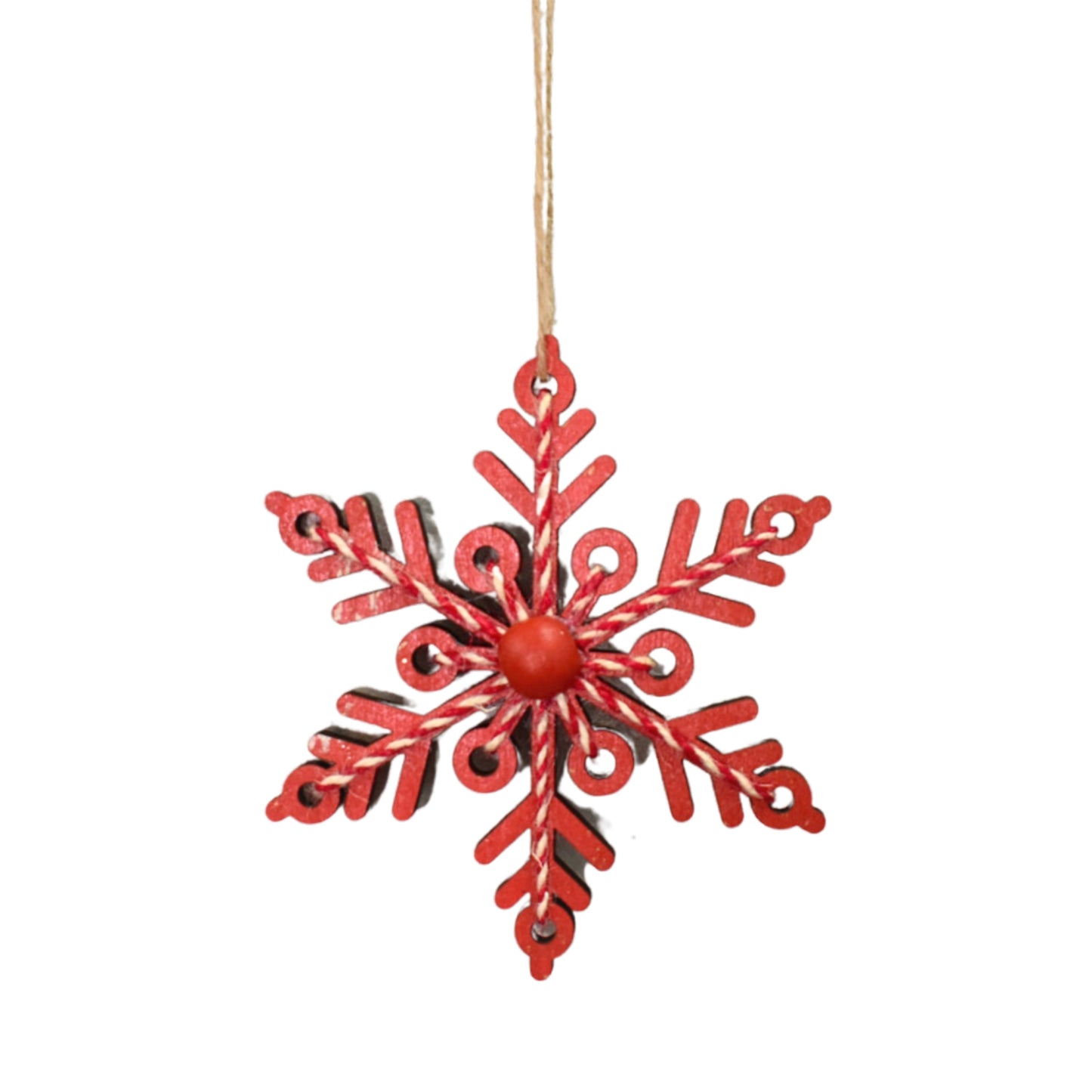 Red Wooden Snowflake with Yarn Center 6" - Red | TA