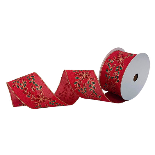 Elegant Glitz Foliage Leaf Red Faux Linen Ribbon 2.5” x 10yd | YT