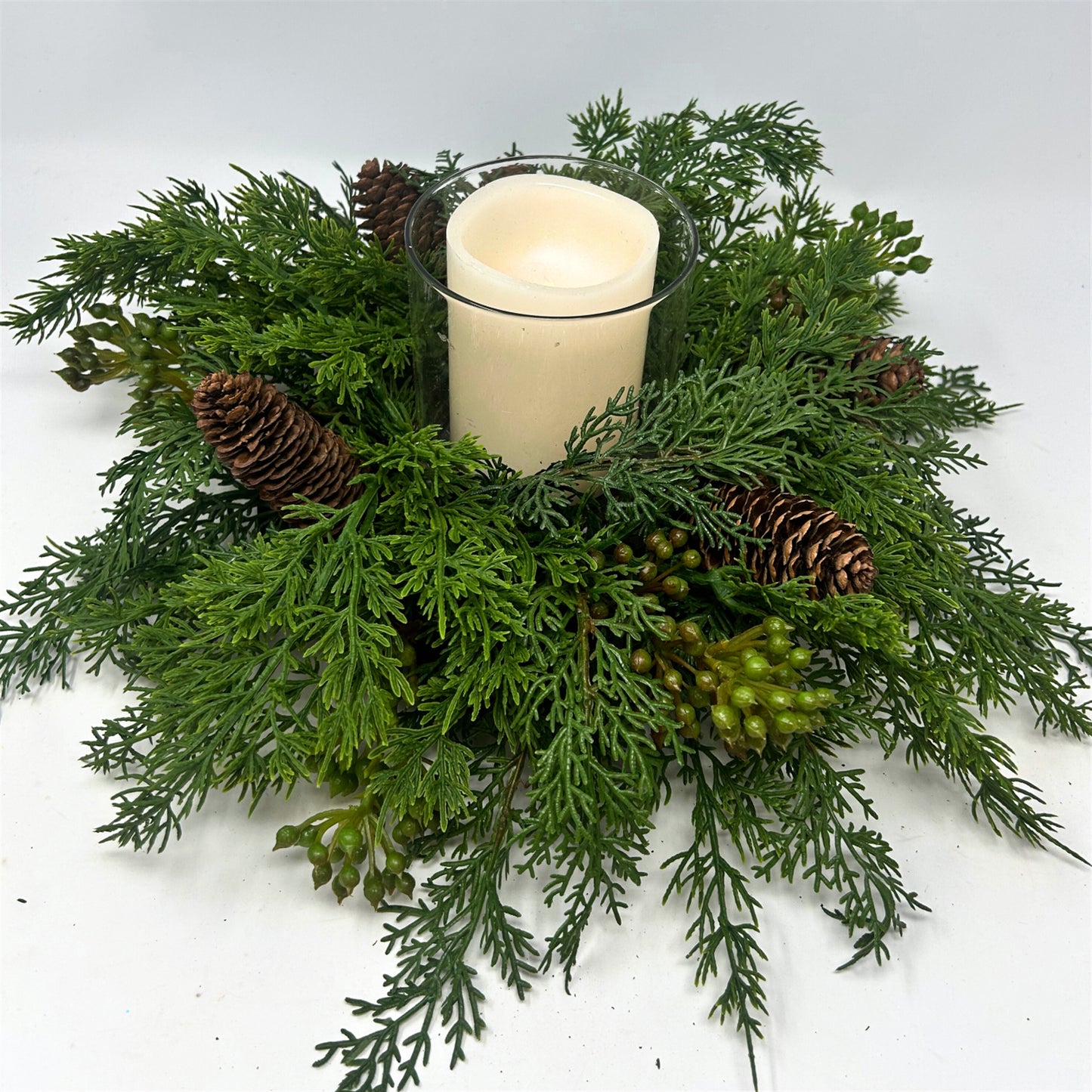Real Touch Mixed Cedar, Pine Cone, Seed Candle Centerpiece W/4"X4" Candleholder 16" | XJ