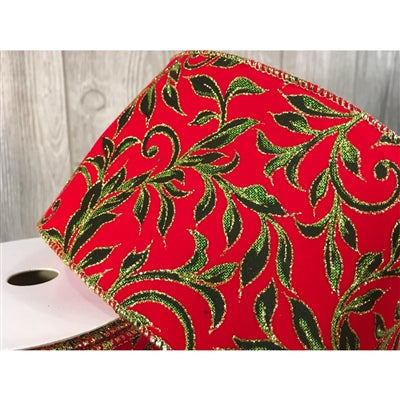 4"X10Yd Printed Leaf Vine On Velvet Ribbon - Red/Green/Gold | YT