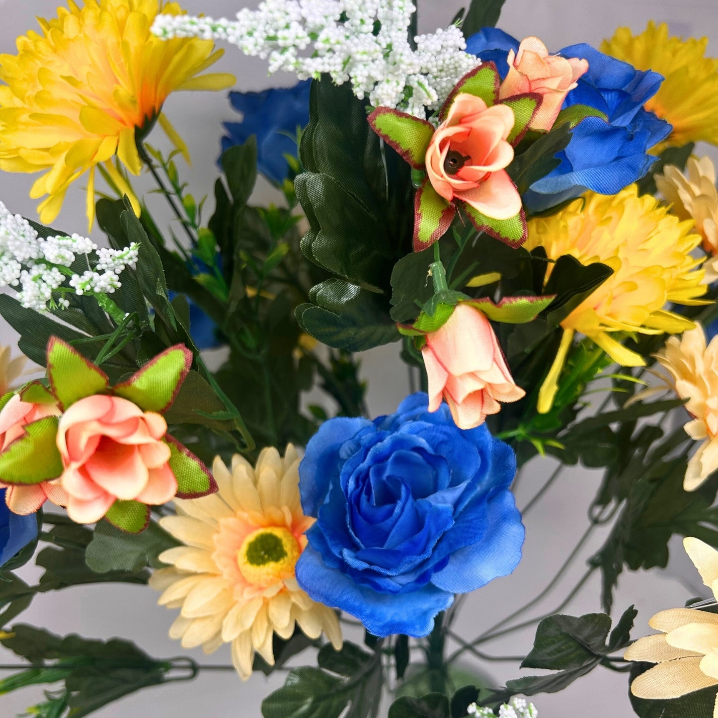 Rose/Mum/Gerbera Bush x24 - Yellow/Coral/Blue | SXE