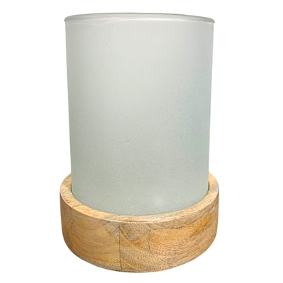 Modern Frosted Glass Candle Holder w/ Wooden Base 9" H x 6.5"Dia | SB