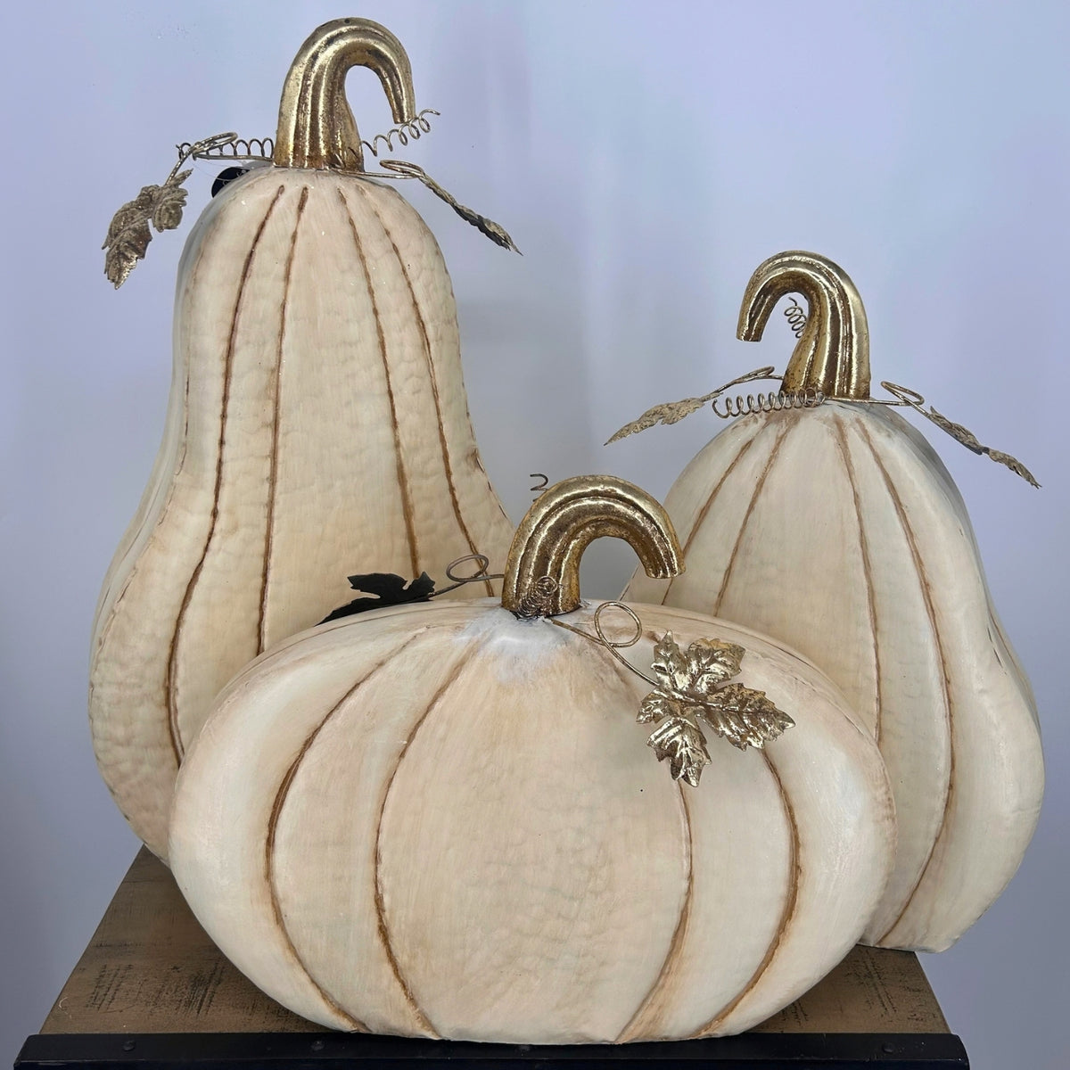 Metal Pumpkins Antiqued Cream (set of 3) - 19.25", 21.25", 27" | FH