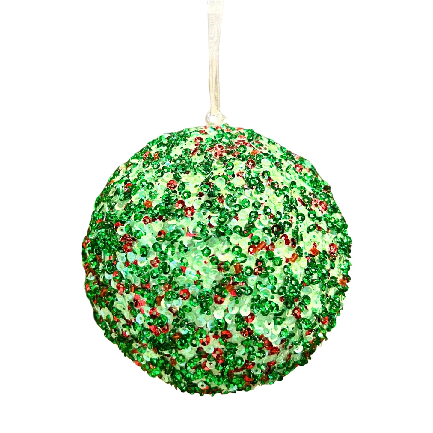 Peppermint Twist Beaded Sequin Iridescent Ball Ornament 4” | YK