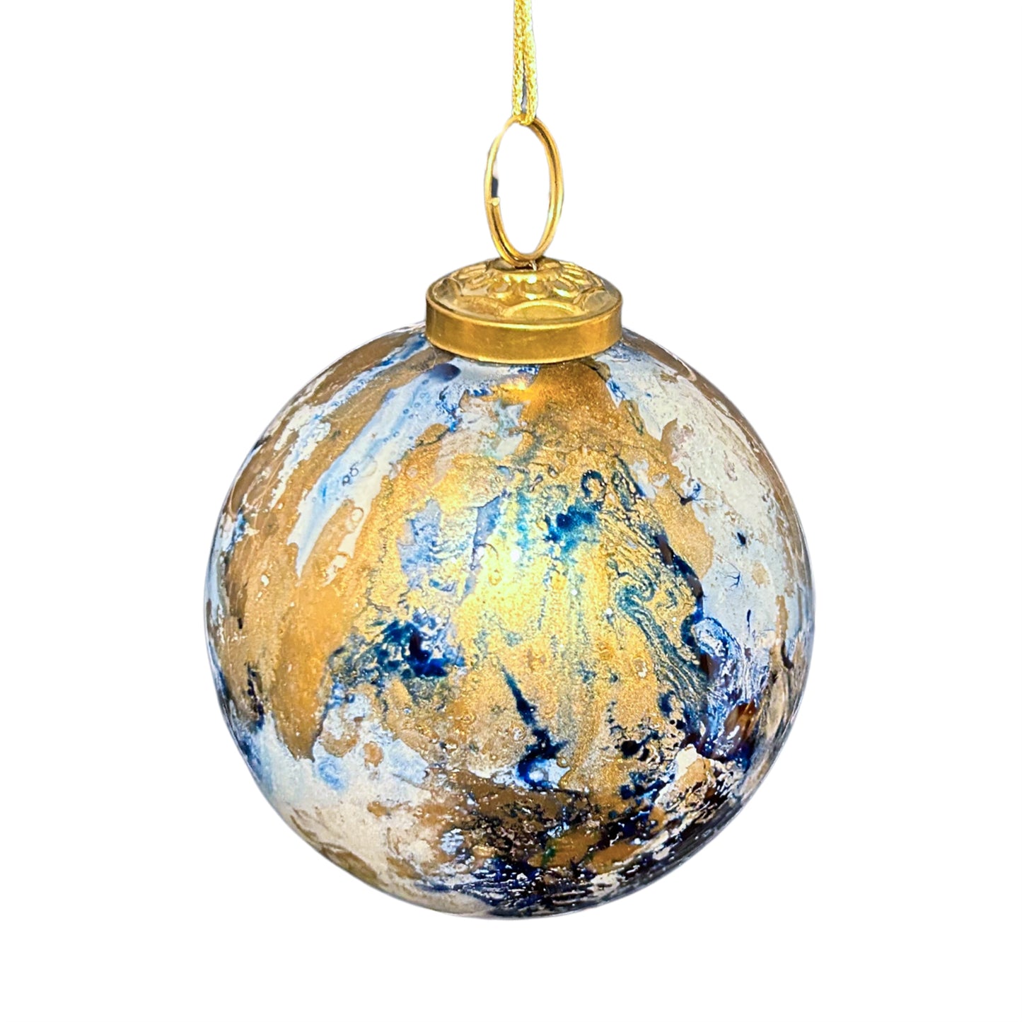 Blue/Gold Watercolor Glass Ball Ornament 4" | SB