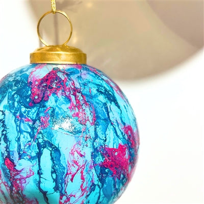 Turq/Pink Watercolor Glass Ball Ornament 4” | SB
