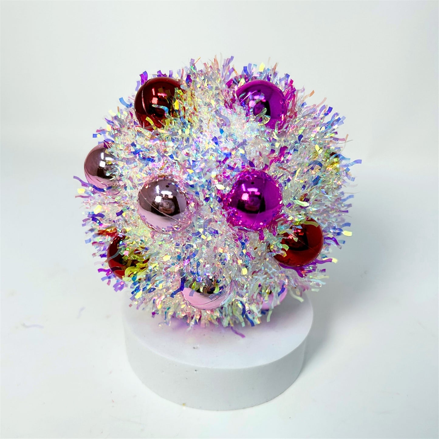 Iridescent Metallic Tinsel Mini Red/Pink/Ht. Pink Ball Ornament 4.5" | KS
