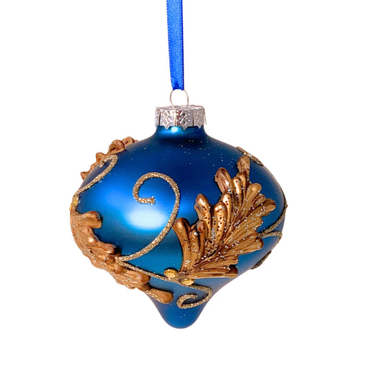 Winter Blue Embossed Gold Finial Drop Ornament 4" | TG