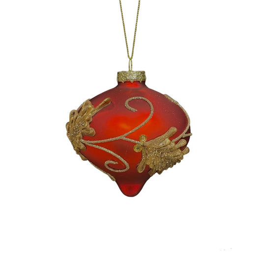 Winter Red Embossed Gold Finial Drop Ornament 4" | TG