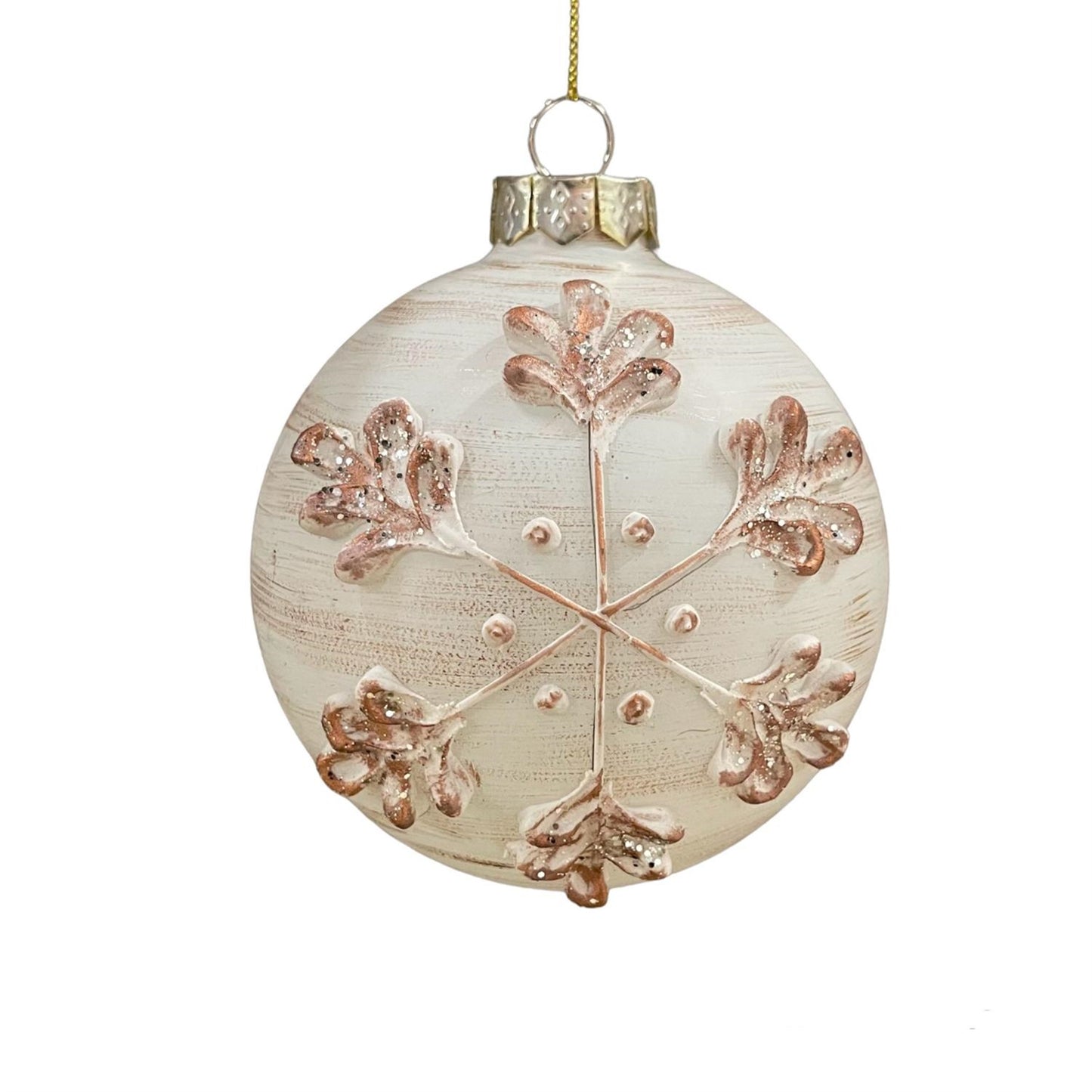 Faux Wood Embossed Snowflake Glass Ornament 4" | TG