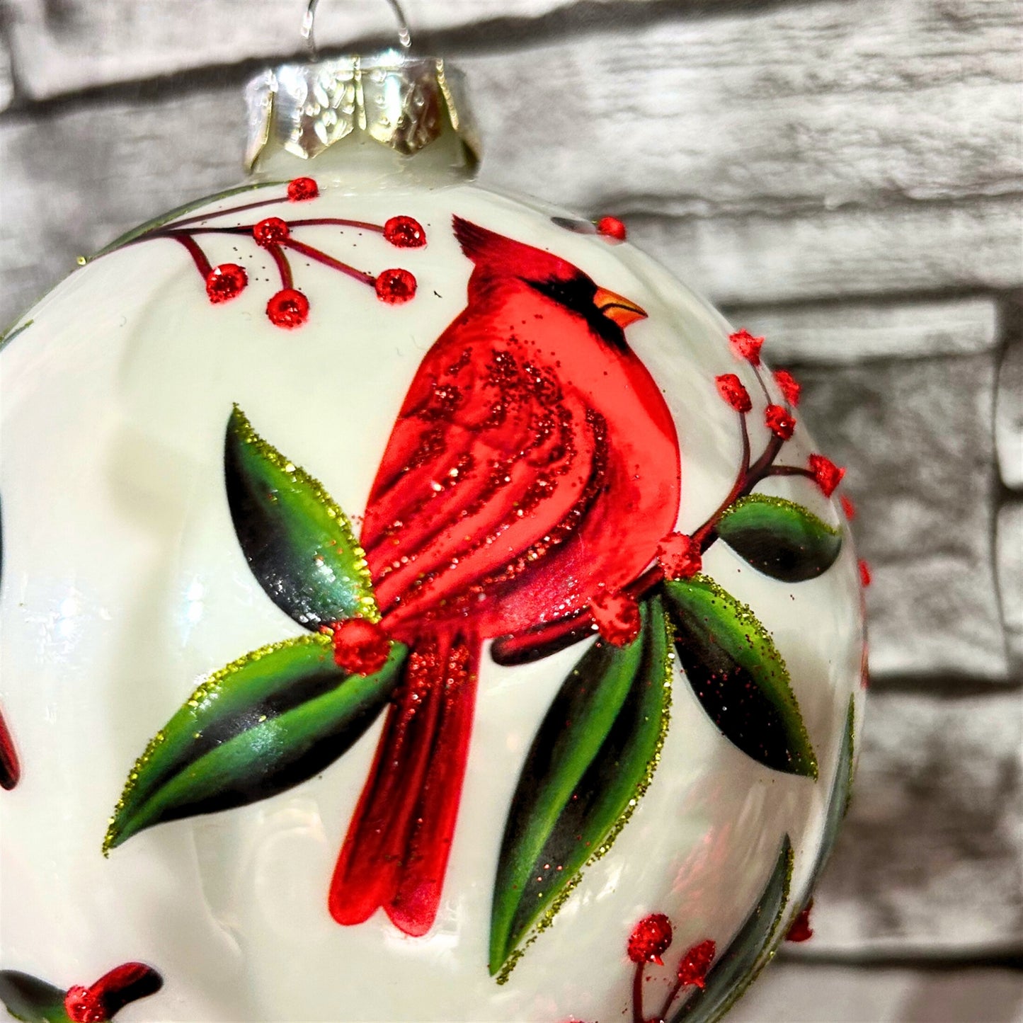 Christmas Foliage White Glass Ball Ornament 4" | TG