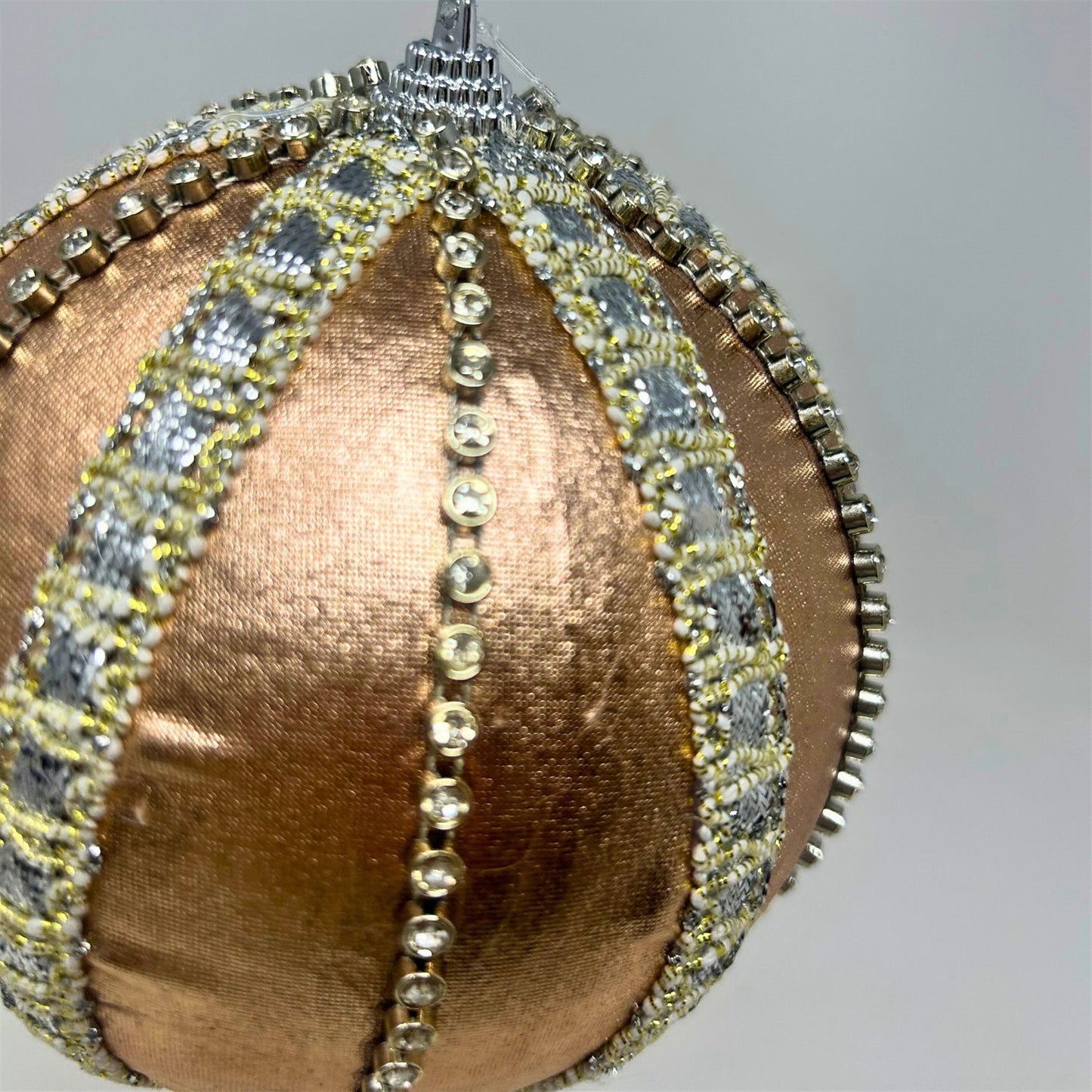 Metallic Rhinestone Stripe Ball Ornament - Champagne 6” | KS