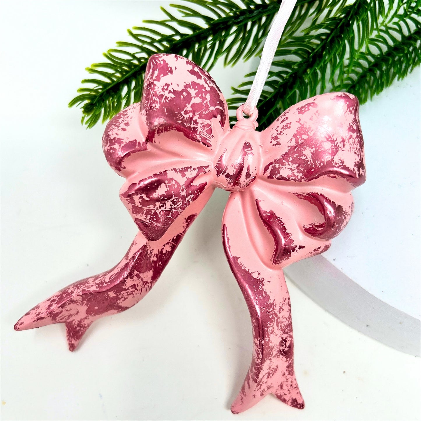Plastic Hanging Bow Ornament - Pink 4.25" | YK