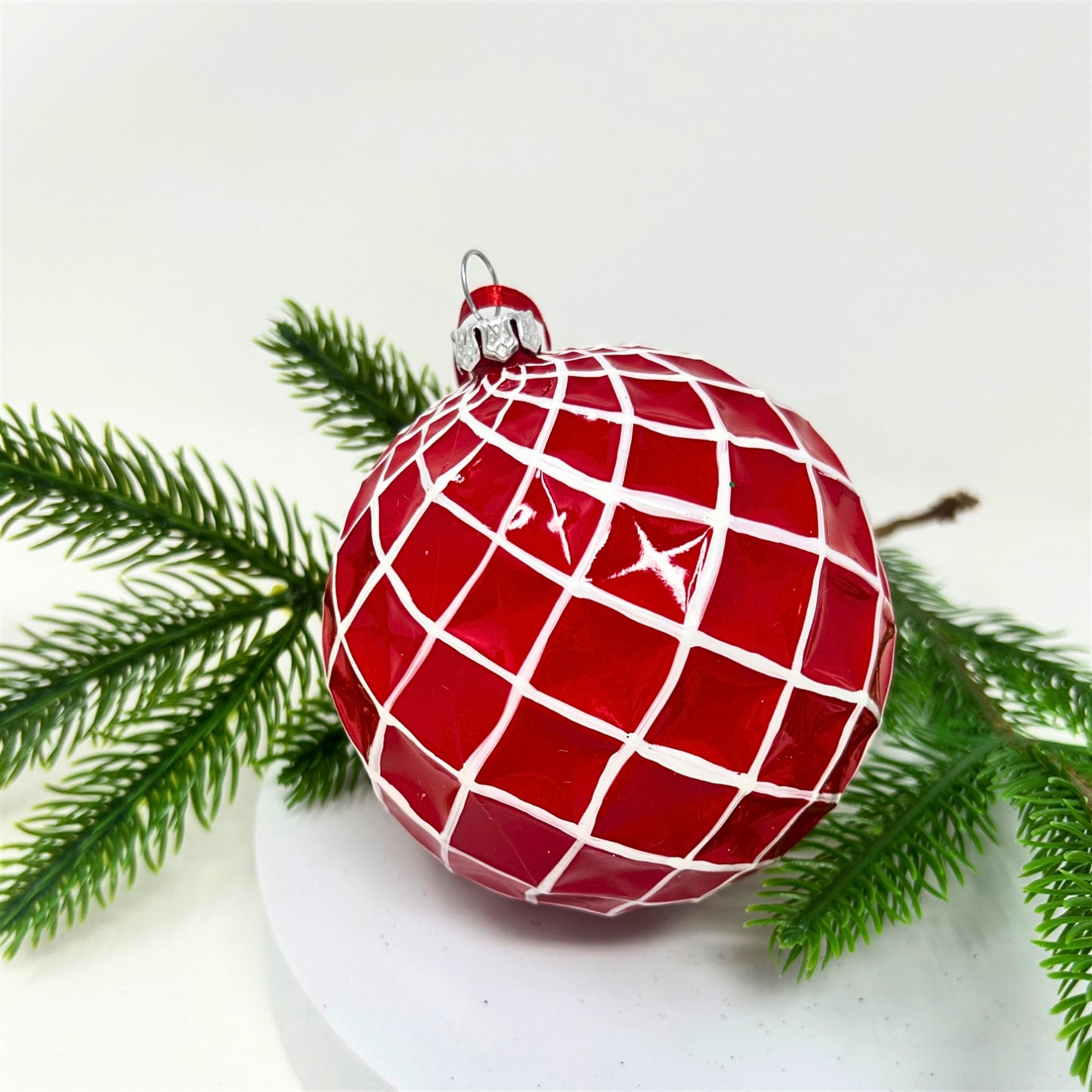 Candy Finish Ball Ornament - Red/White 4" | YK