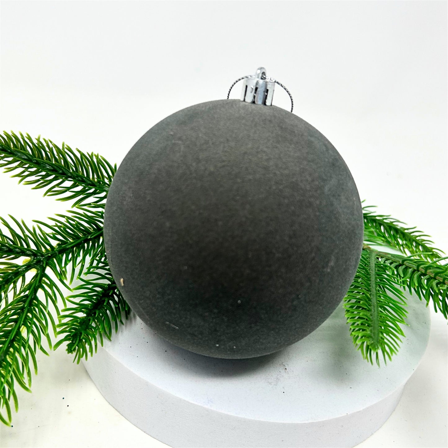 Plastic Flocked Ball Ornament - Charcoal 4" | YK