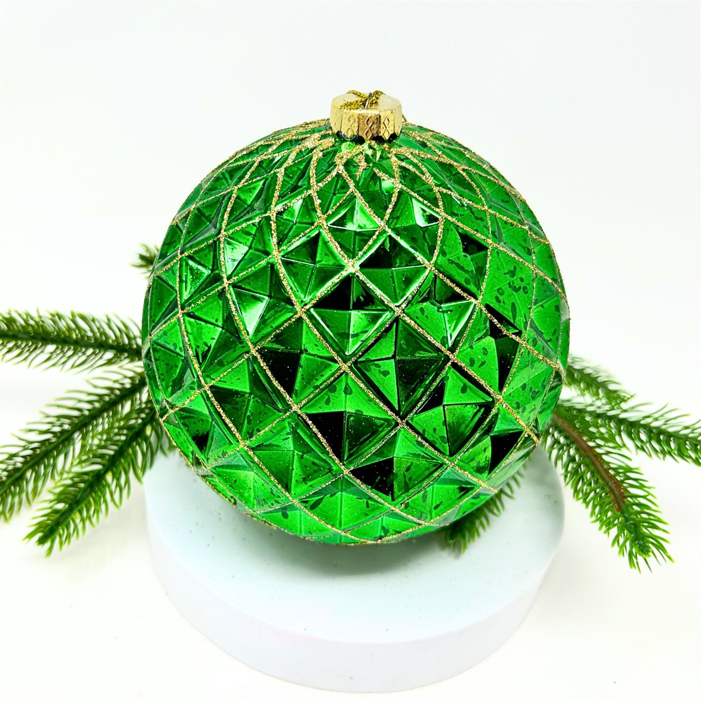 Mercury Finish Diamond Plastic Ball Ornament - Emerald/Gold 6" | YK