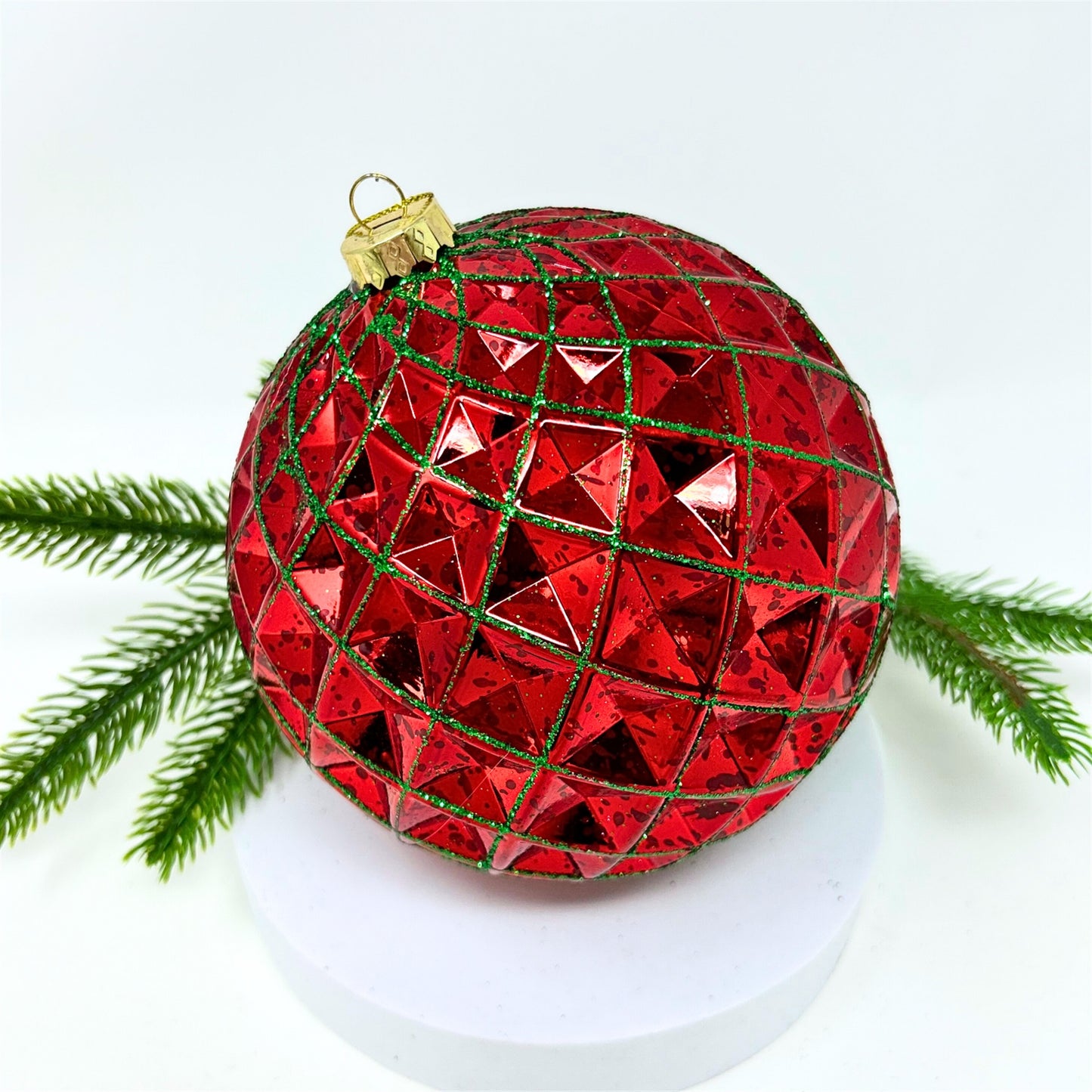 Mercury Finish Diamond Plastic Ball Ornament - Red/Emerald 6" | YK