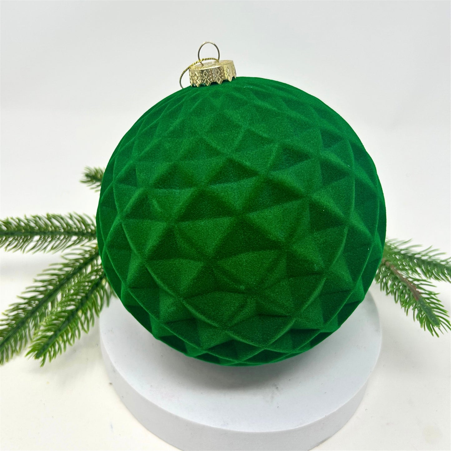 Plastic Flocked Diamond Ball Ornament - Green 6" | YK