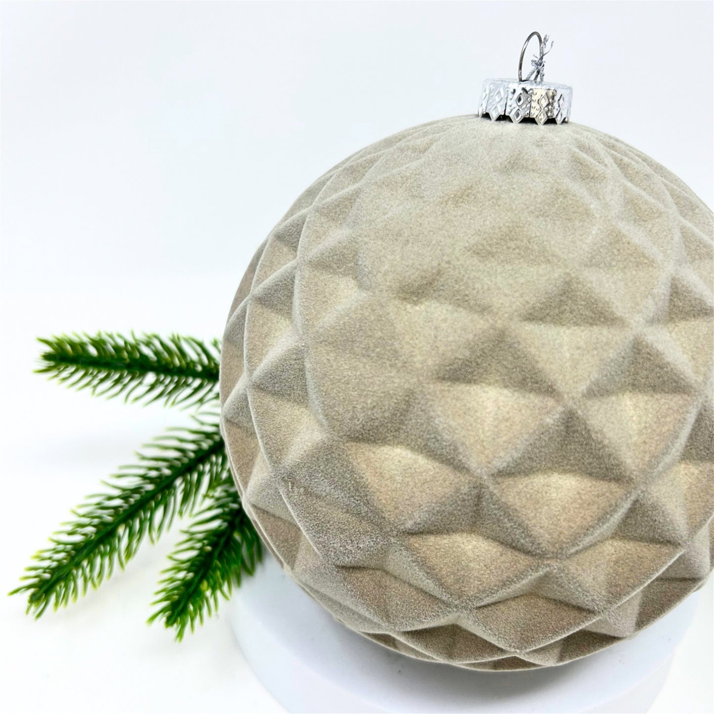 Plastic Flocked Diamond Ball Ornament - Grey 6" | YK