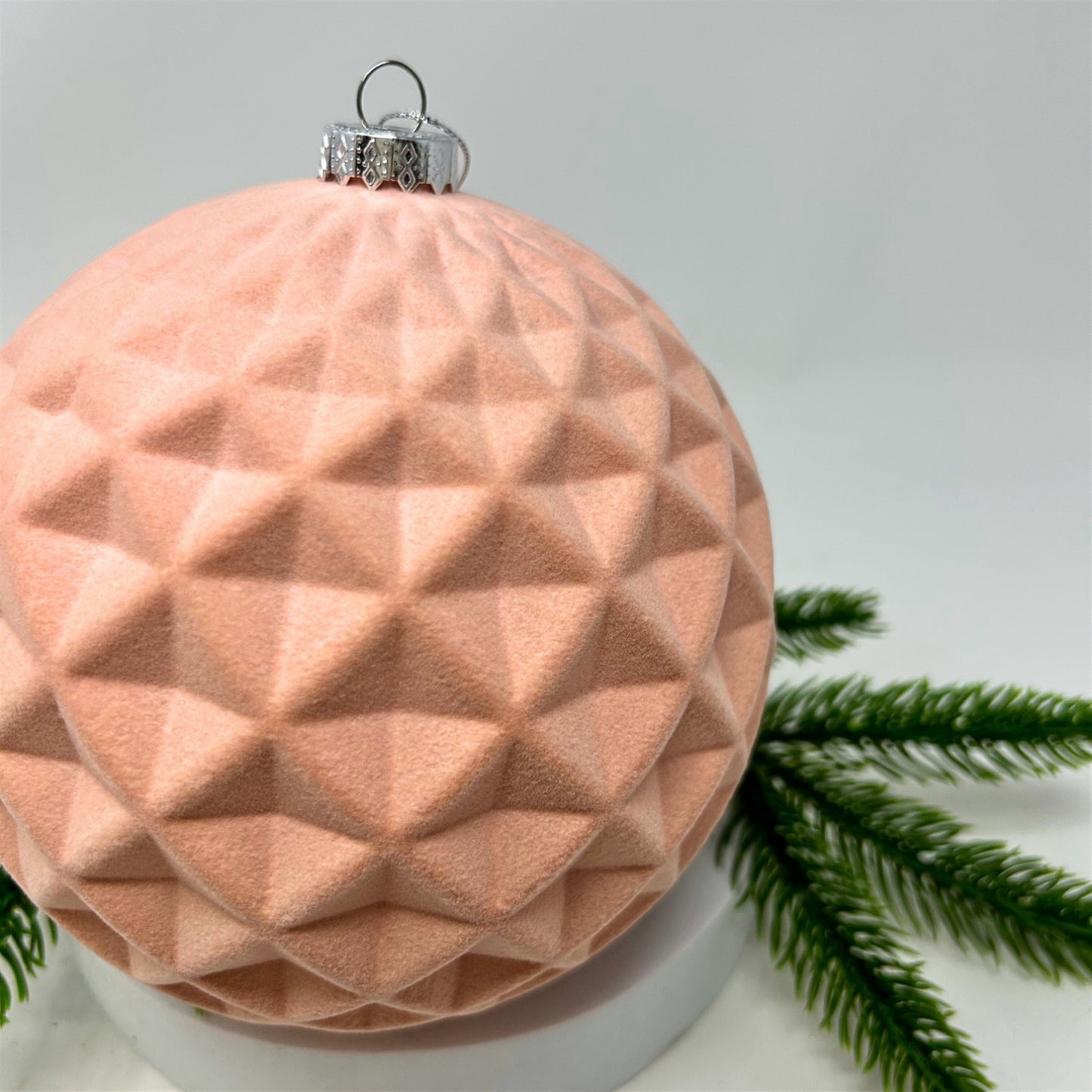 Plastic Flocked Diamond Ball Ornament - Peach Pink 6" | YK