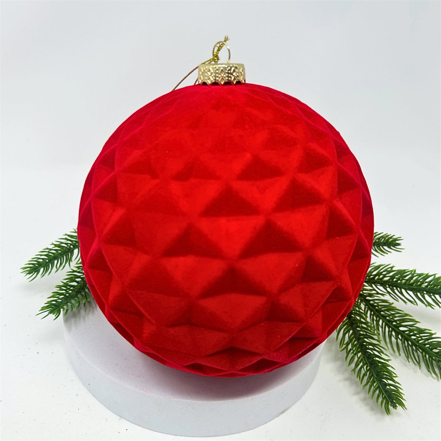 Plastic Flocked Diamond Ball Ornament - Red 6" | YK
