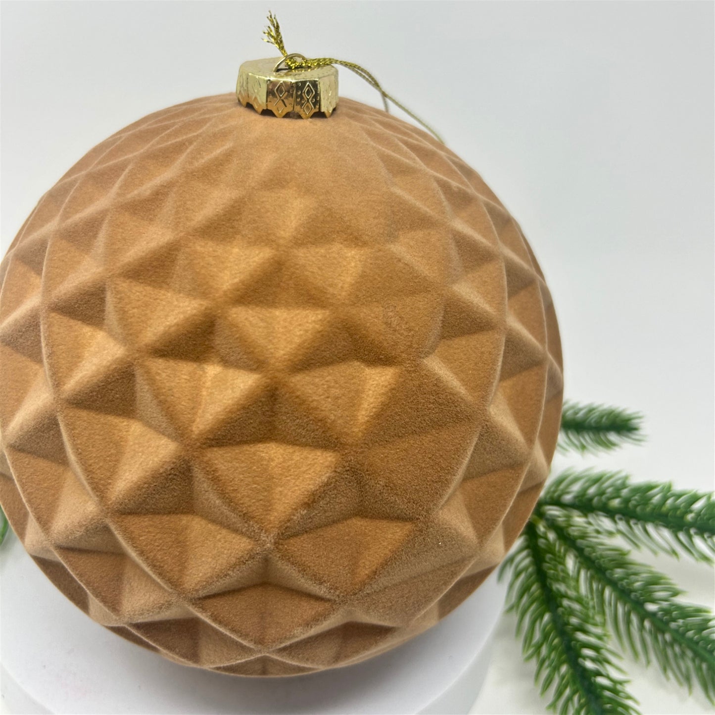 Plastic Flocked Diamond Ball Ornament - Tan 6" | YK
