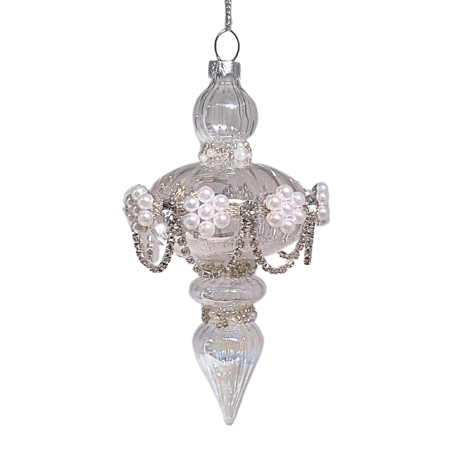 Glass Pearl Flower Finial w/ Rhinestone Garland 5.5" | TG