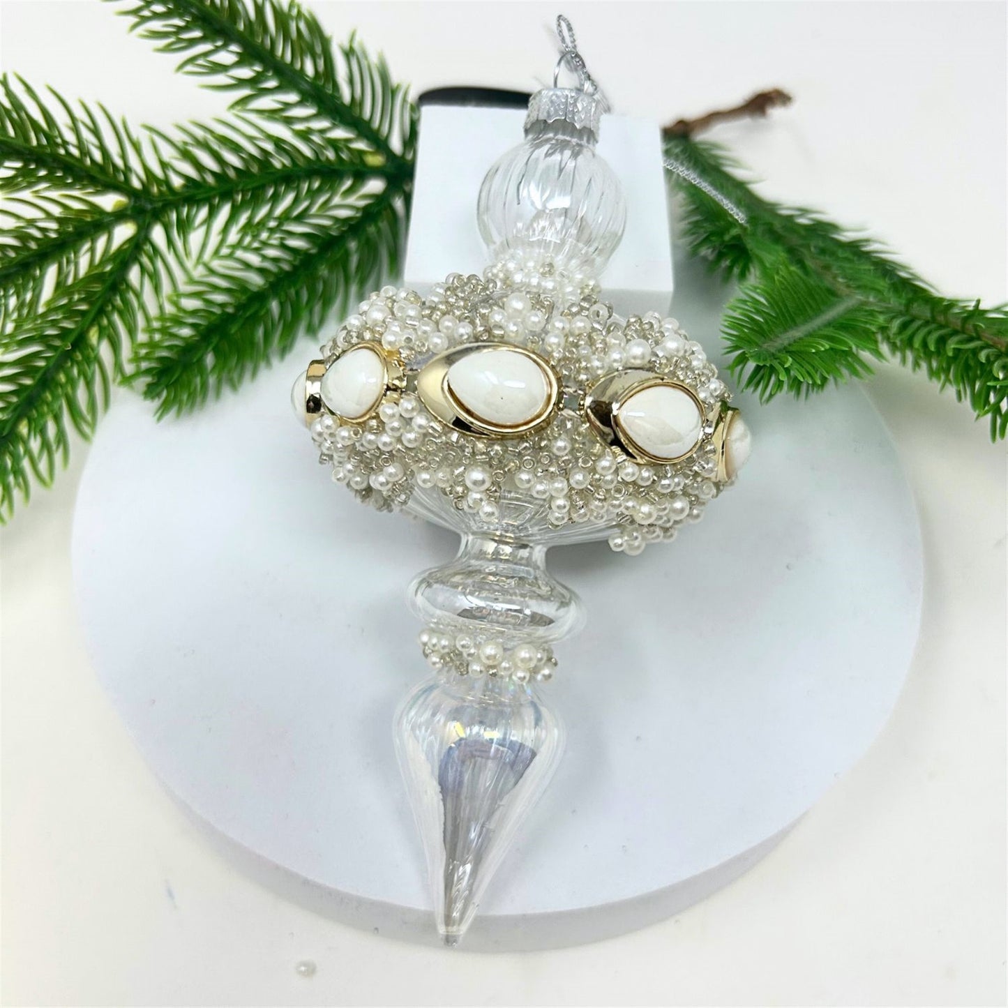 Clear Glass Pearl Bead Finial Ornament 5.5" | TG