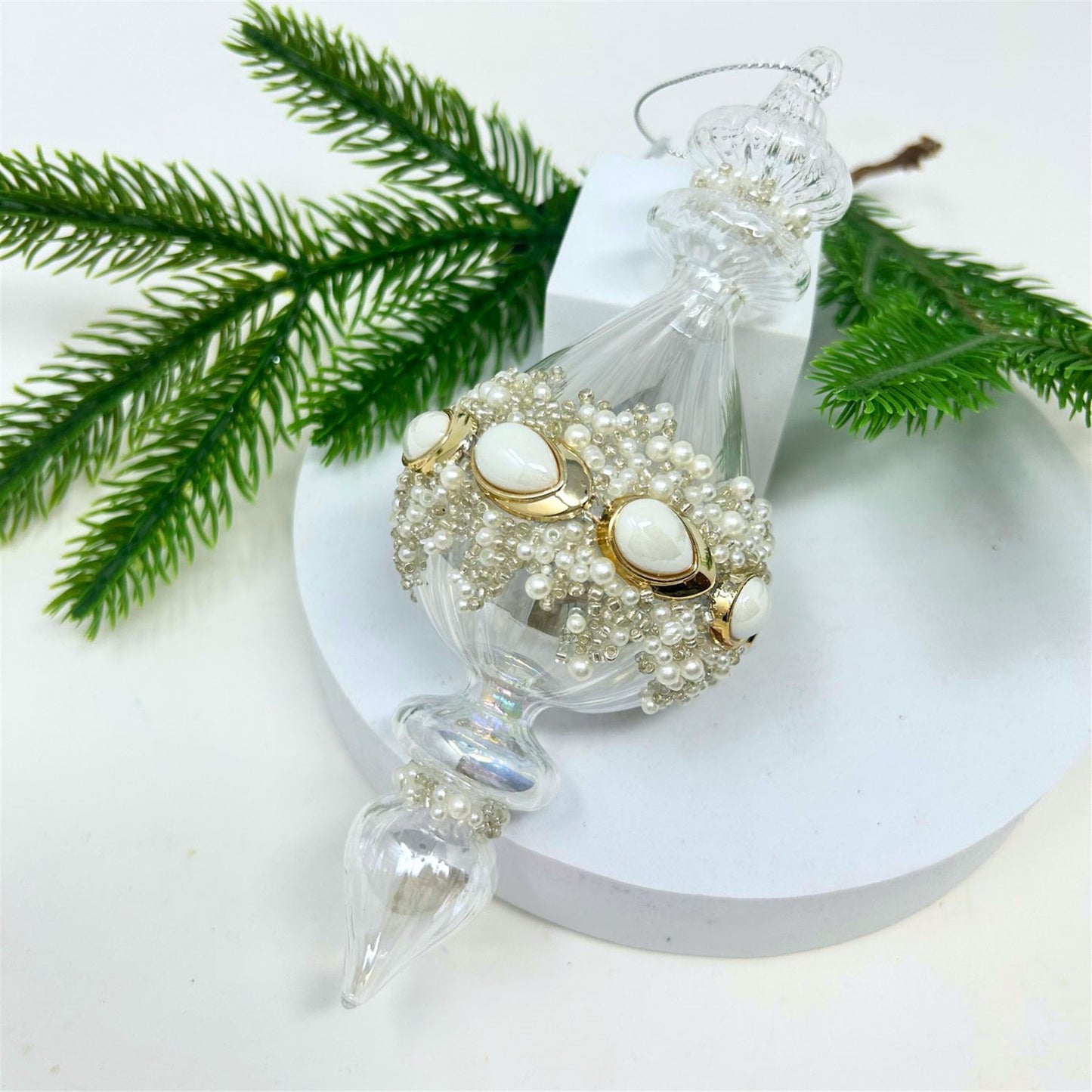 Clear Glass Pearl Bead Finial Ornament 7.25" | TG