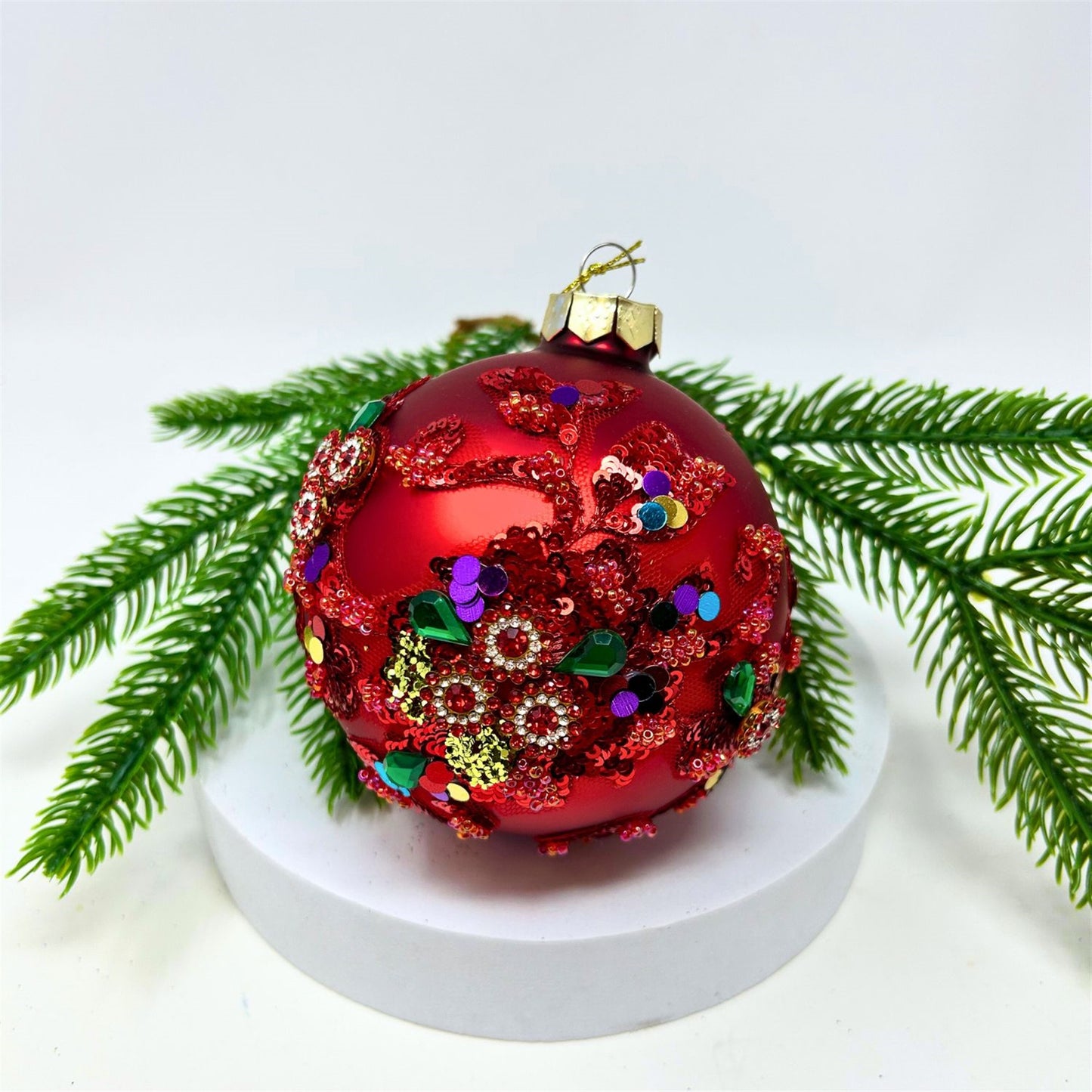 Matte Red Ornate Gem Print Ornament 4" | TG