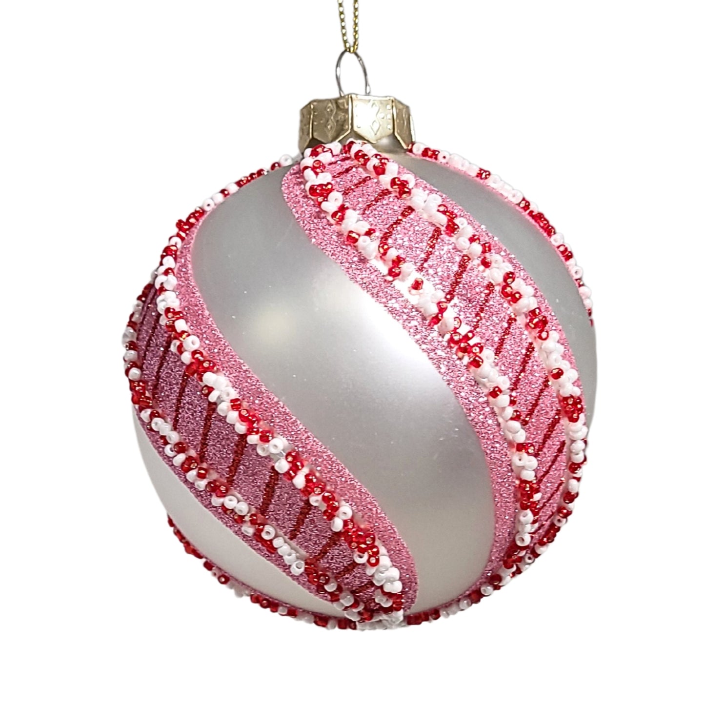 Pearl Glass Ball Ornament w/ Peppermint Stripe - Red/Pink/White 4" | TG