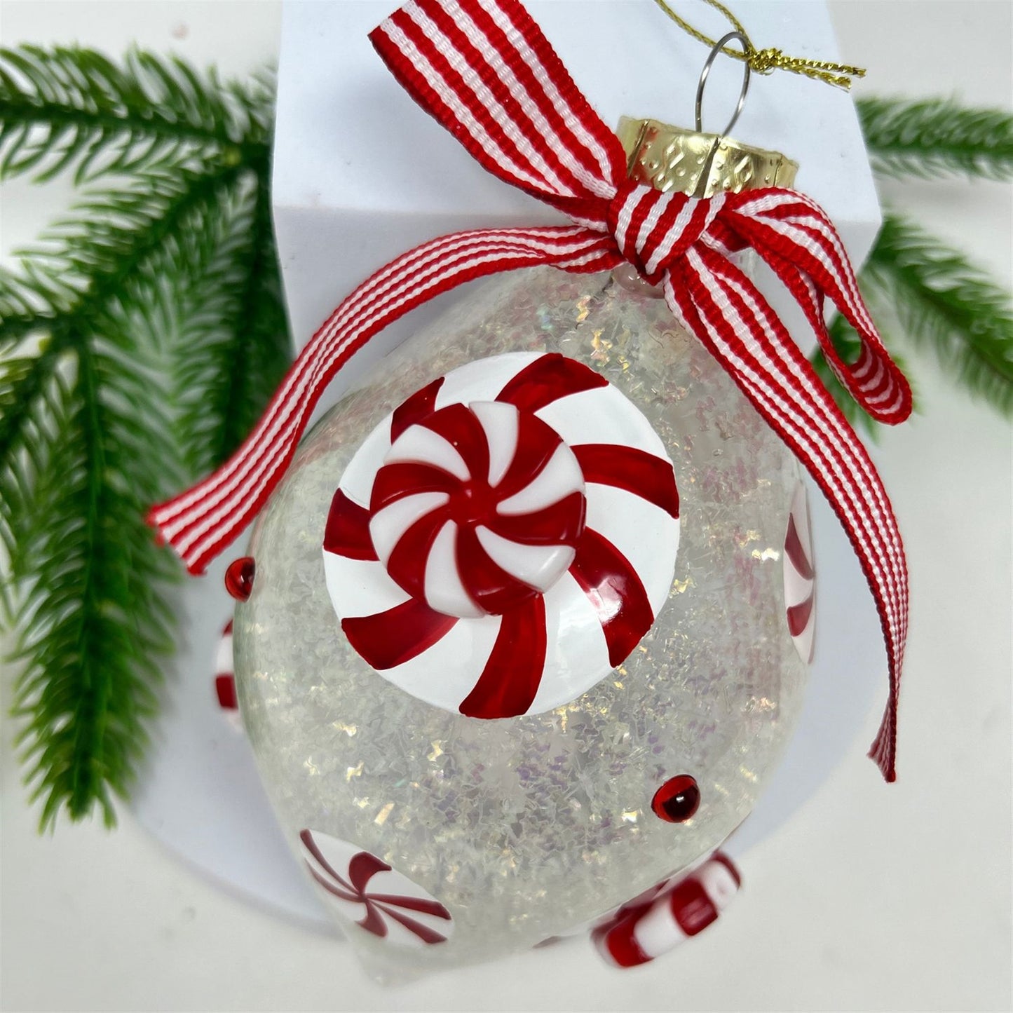 Iridescent Glass Peppermint Candy Finial Ornament w/ Bow 5.5" | TG