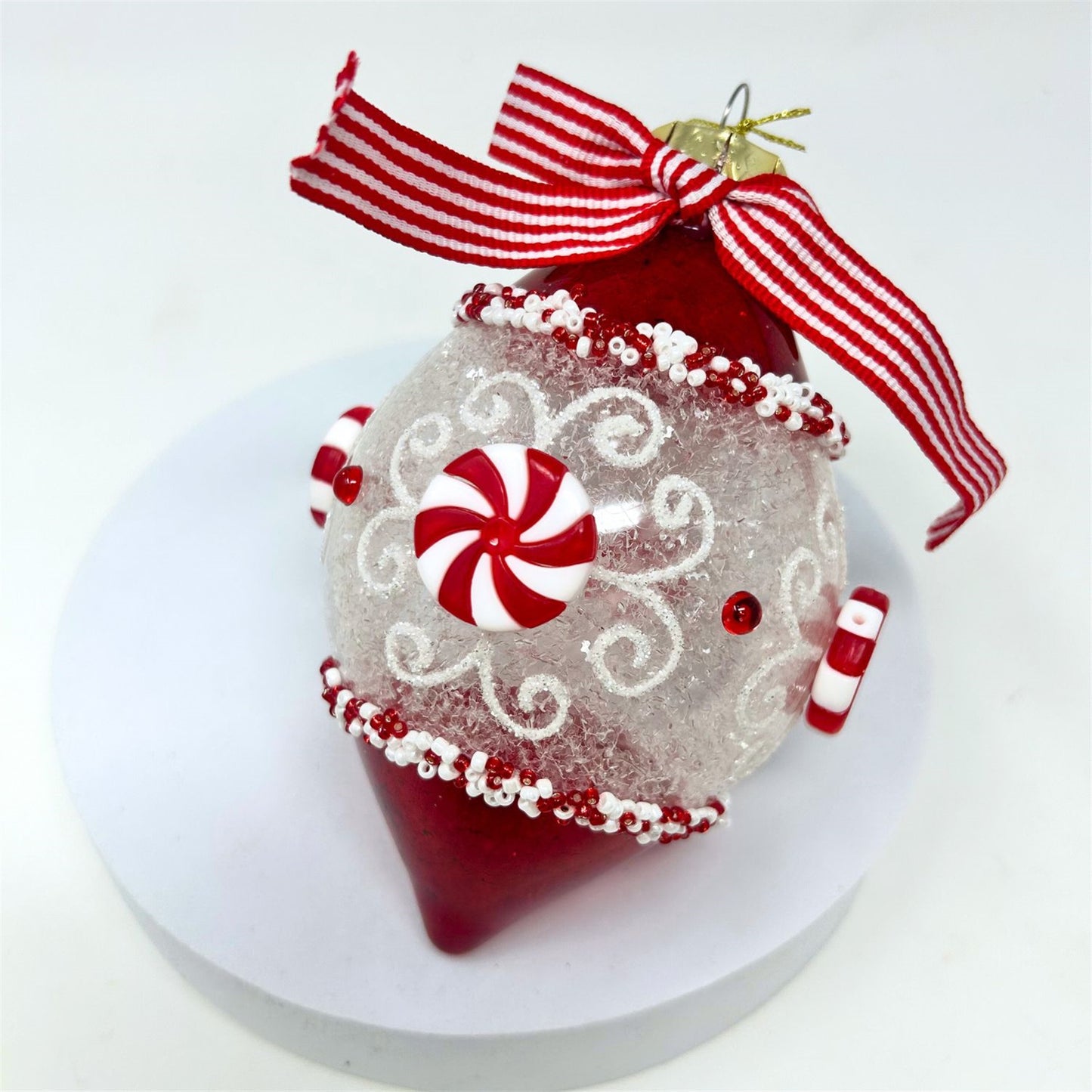 Glass Peppermint Candy Finial Bow Ornament 5.75" | TG