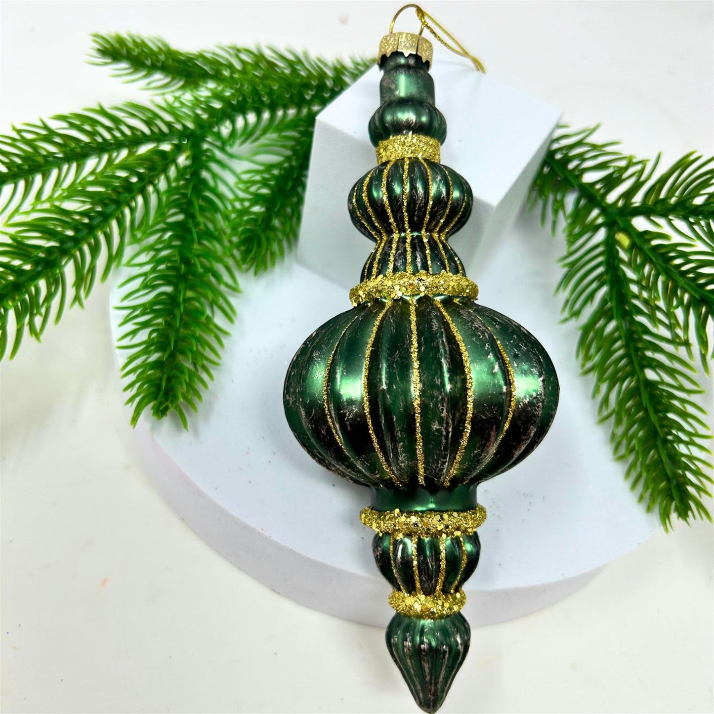 Old Money Green Vertical Gold Stripe Finial Ornament 6" | TG