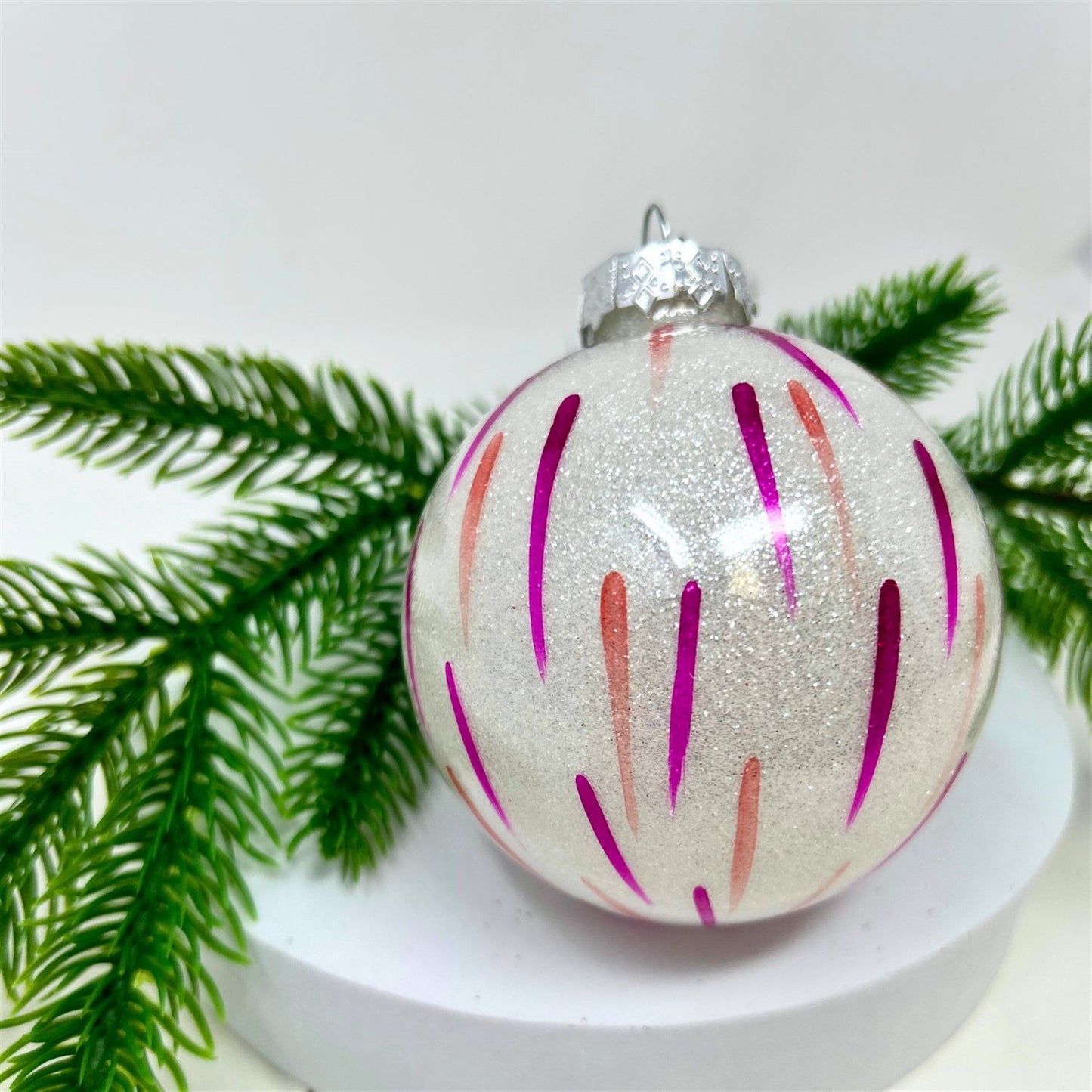 Glitz and Glam Glass Glitter Ball Ornament - White/Pink/Peach 3" | TG