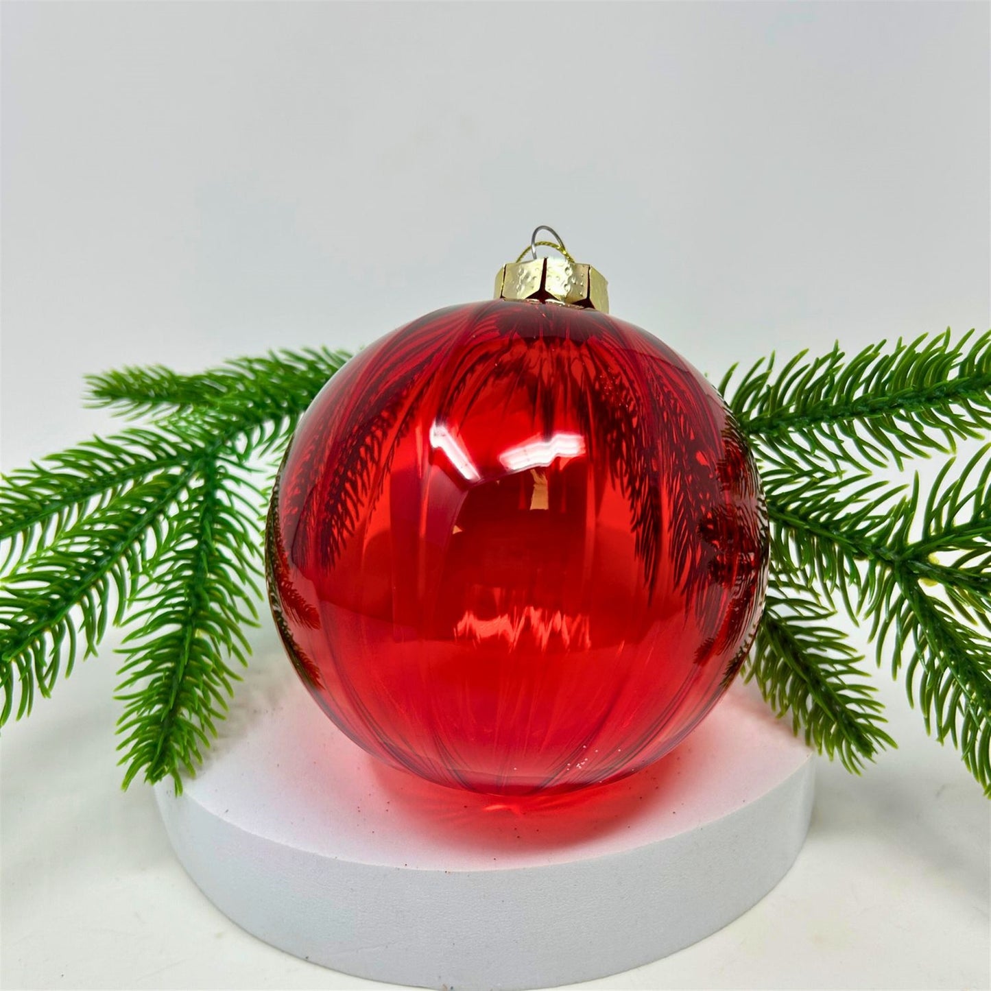 Vertical Stripe Red Clear Glass Ball Ornament 4" | TG