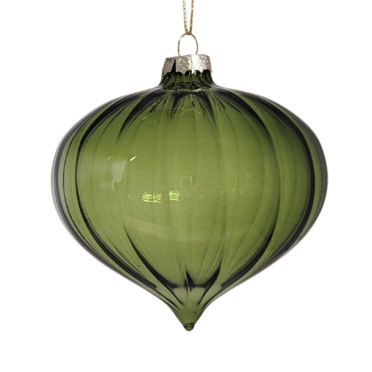 Vertical Stripe Olive Green Glass Onion Finial Ornament 4" | TG