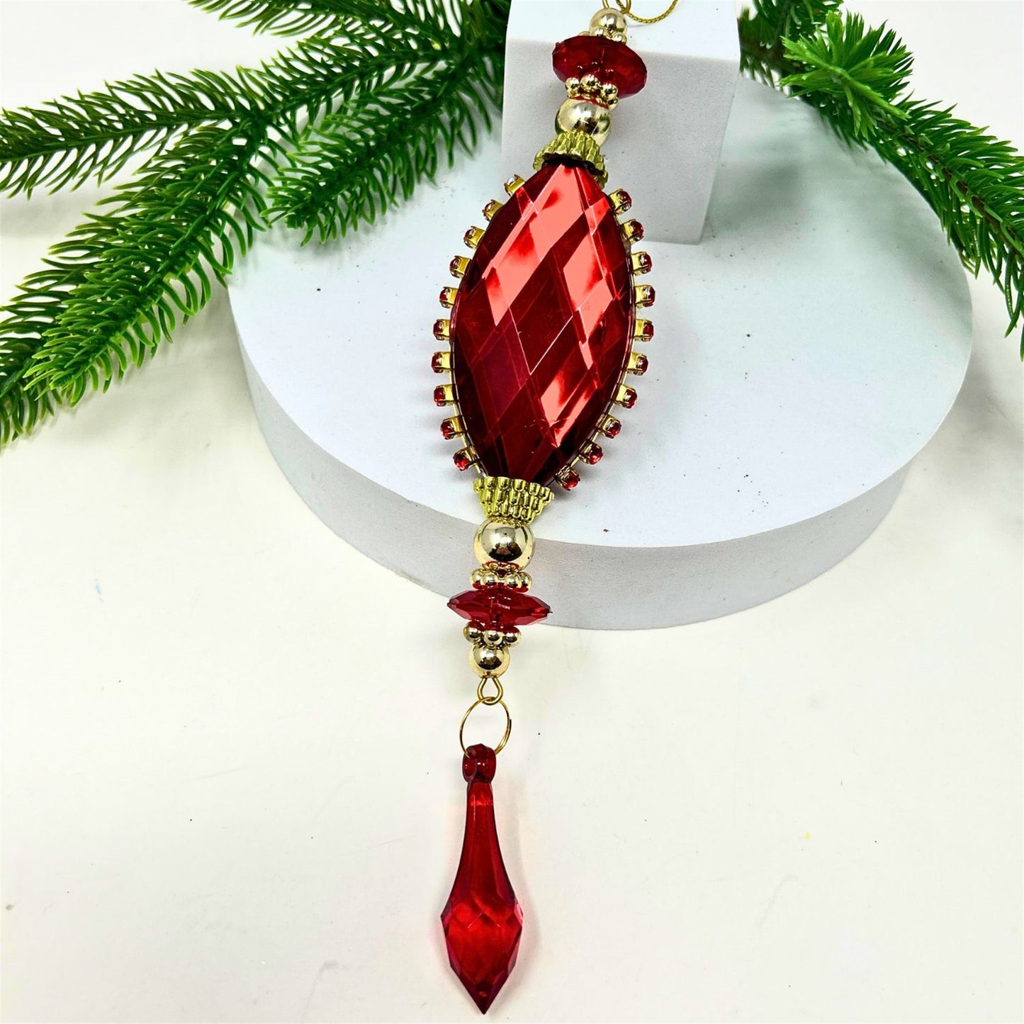 Acrylic Oval Mirror Rhinestone Edge Ornament - Red 1.7x0.8x2.9" | ZT