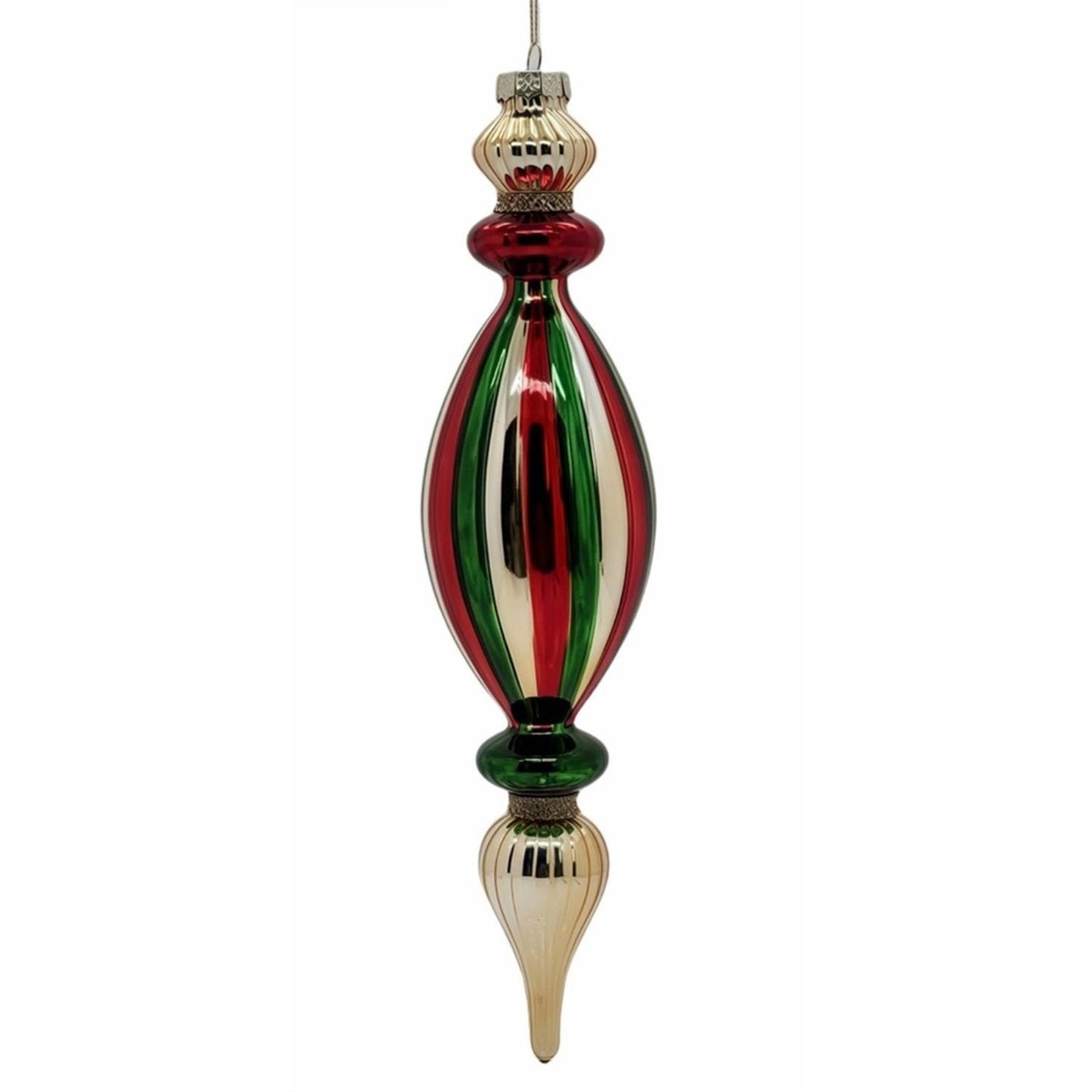 Red Green Gold Stripe Glass Finial Ornament 12.5" | TG