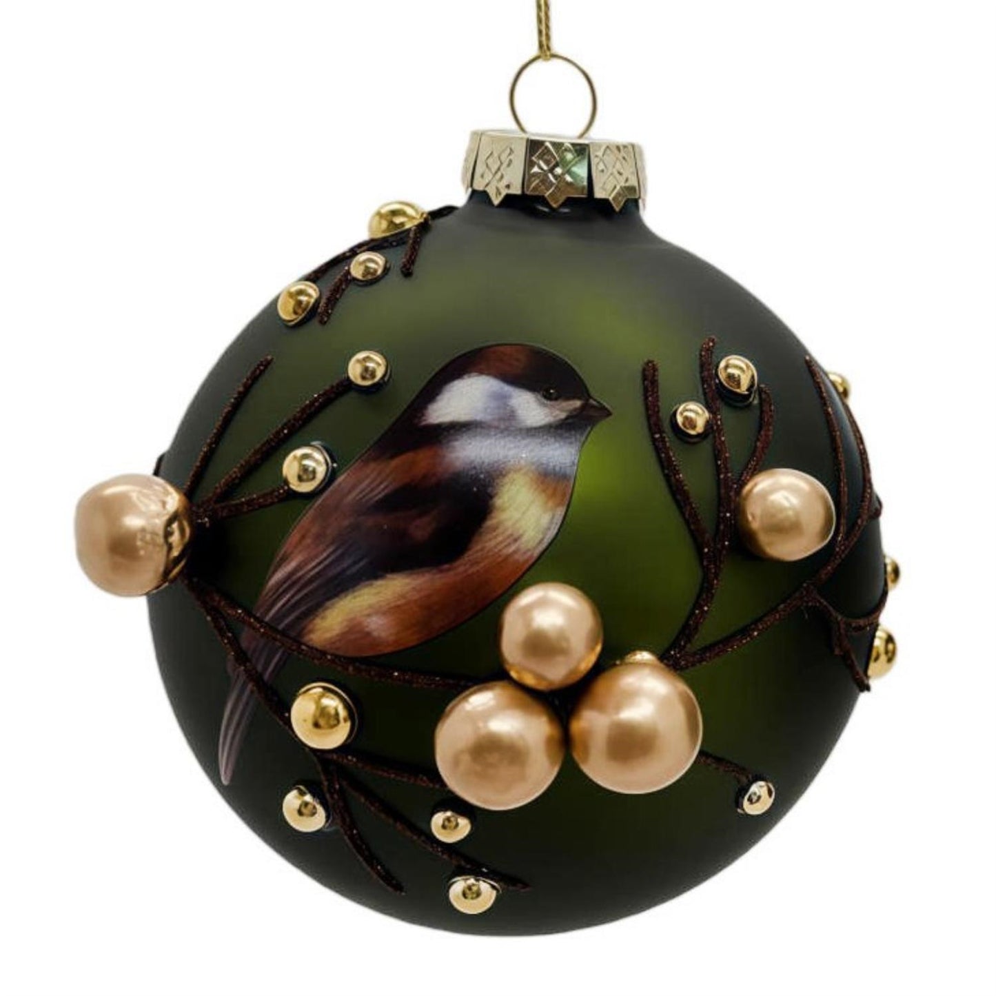 Chickadee w/ Gold Berries Glass Ornament 4.5" | TG